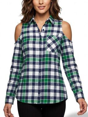 Chocolate USA Cotton Grunge Cold Shoulder Plaid Flannel Shirt Green Blue Small